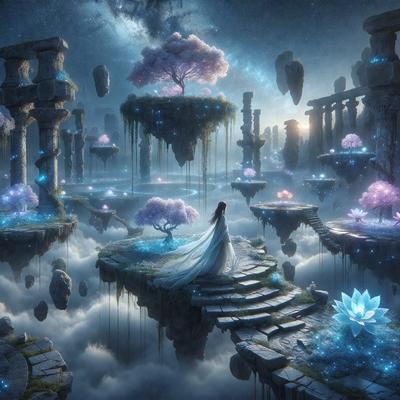 The primary subject of the image is a woman standing on a bridge in a fantasy world. The setting is a magical, fairy tale-like environment with a sky background. The visual style is digital art, creating a surreal and whimsical atmosphere. The colors are predominantly blue, which adds to the dreamy and enchanting mood of the scene.